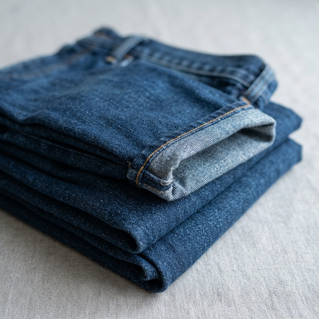 Calças jeans azuis dobradas e empilhadas, com a barra virada, sobre um tecido claro