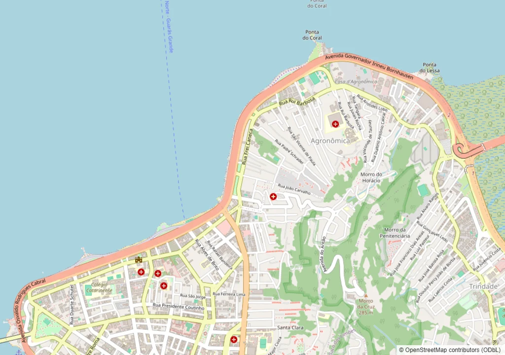 Mapa da Agronômica e da Beira-Mar Norte, em Florianópolis, com a área do bairro, a loja da Dedicada no Centro e o trajeto da rota de coleta e entrega pela Beira-Mar, da Rua Almirante Lamego ao CIC