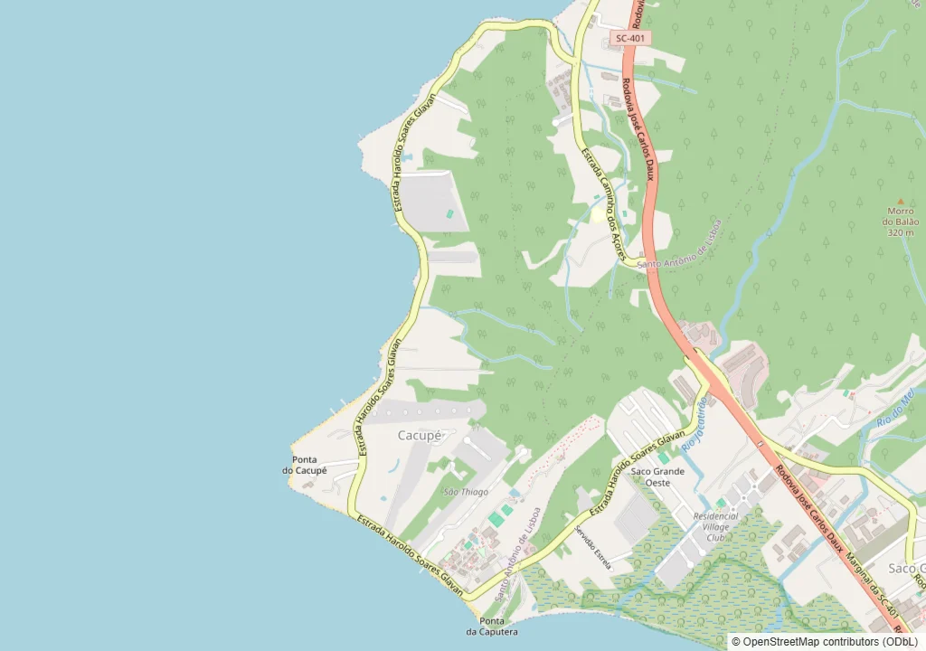 Mapa de Cacupé, em Florianópolis, com o limite do bairro e o trajeto da rota de coleta e entrega da Dedicada, que vem do Saco Grande pela Estrada Haroldo Soares Glavan, percorre a orla do bairro, do Hotel Sesc Cacupé ao Café Cacupé, e segue pelo Caminho dos Açores, na direção de Santo Antônio de Lisboa