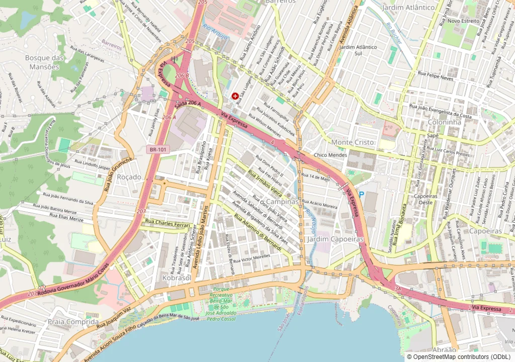 Mapa de Campinas, em São José (SC), com o limite do bairro em amarelo e o trajeto ilustrativo do carro da Dedicada, que vem de Florianópolis às quintas