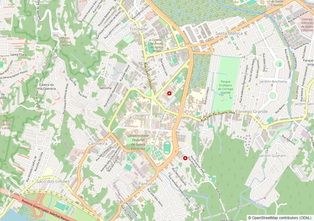 Mapa da Carvoeira, em Florianópolis, com a área do bairro, a loja da Dedicada no Santa Mônica e o trajeto da rota de coleta e entrega pelas ruas Desembargador Vítor Lima e Capitão Romualdo de Barros e pela Avenida César Seara