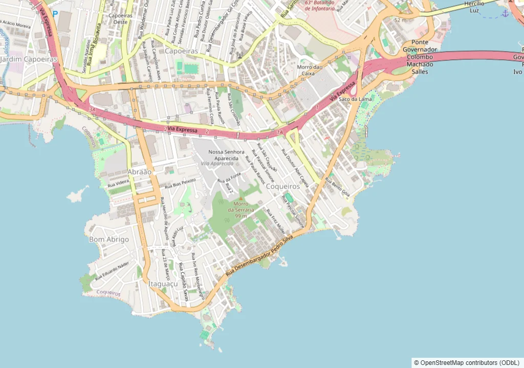 Mapa de Coqueiros, do Abraão, de Itaguaçu e do Bom Abrigo, em Florianópolis, com a área atendida e o trajeto da rota de coleta e entrega da Dedicada pela Avenida Engenheiro Max de Souza, pela Rua Desembargador Pedro Silva e pela Rua João Meirelles