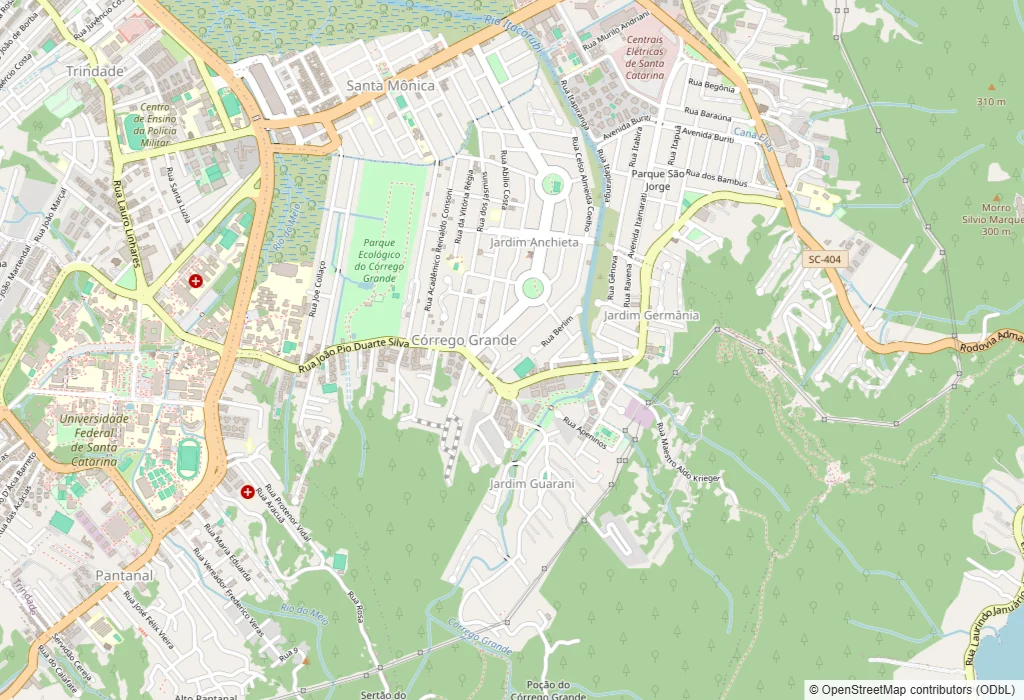 Mapa do Córrego Grande, em Florianópolis, com a área do bairro, a loja da Dedicada no Santa Mônica e o trajeto da rota de coleta e entrega pela Rua João Pio Duarte Silva até o Poção