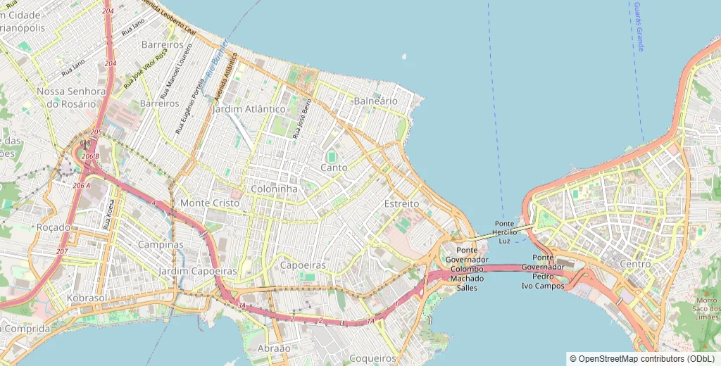 Mapa do Estreito, Balneário, Canto, Coloninha e Jardim Atlântico, em Florianópolis, com a área atendida e o trajeto da rota de coleta e entrega da Dedicada