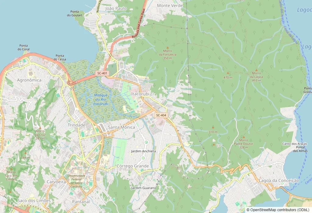 Mapa do Itacorubi, em Florianópolis, com a área atendida e o trajeto da rota de coleta e entrega da Dedicada, saindo da loja do Santa Mônica pela Avenida Madre Benvenuta