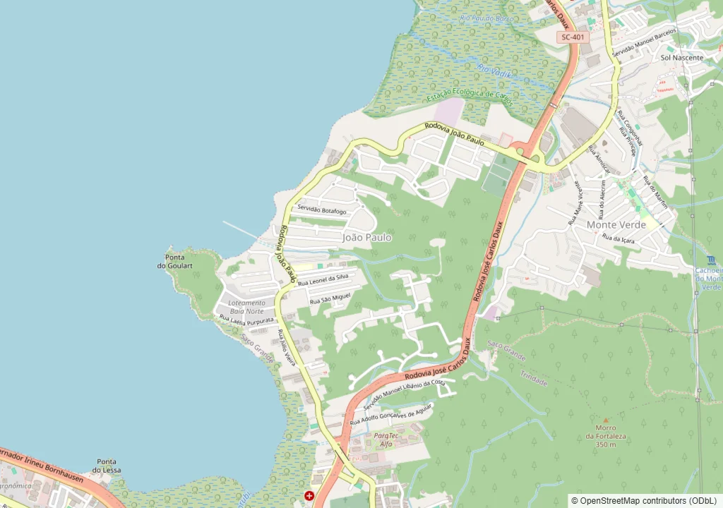 Mapa do João Paulo, em Florianópolis, com a área do bairro e o trajeto da rota de coleta e entrega da Dedicada pela Rodovia João Paulo, do elevado da SC-401, ao sul, até o encontro com a SC-401, ao norte