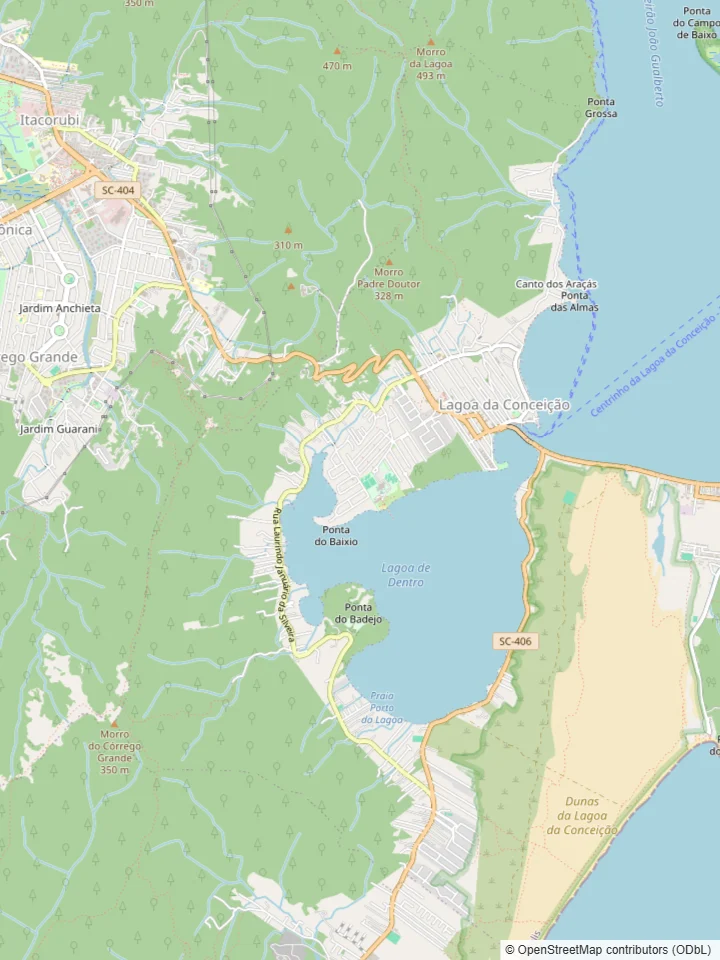 Mapa da Lagoa da Conceição, do Canto da Lagoa, do Porto da Lagoa e do Canto dos Araçás, em Florianópolis, com a área atendida e o trajeto da rota de coleta e entrega da Dedicada