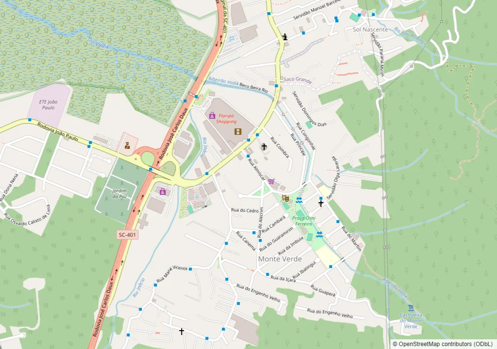 Mapa da parte urbana do Monte Verde, em Florianópolis, com o limite do bairro e o trajeto da rota de coleta e entrega da Dedicada, que vem do João Paulo e passa pela Rodovia Virgílio Várzea, junto ao Floripa Shopping, na direção do Saco Grande
