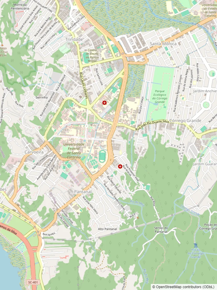 Mapa do Pantanal, em Florianópolis, com a área do bairro, a loja da Dedicada no Santa Mônica e o trajeto da rota de coleta e entrega, que desce pela Carvoeira e sobe a Rua Deputado Antônio Edu Vieira, com as ruas de trás