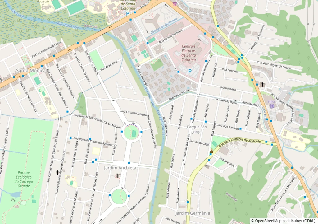 Mapa do Parque São Jorge e do Jardim Anchieta, em Florianópolis, com as áreas aproximadas dos dois loteamentos, a loja da Dedicada no Santa Mônica e o trajeto da rota de coleta e entrega