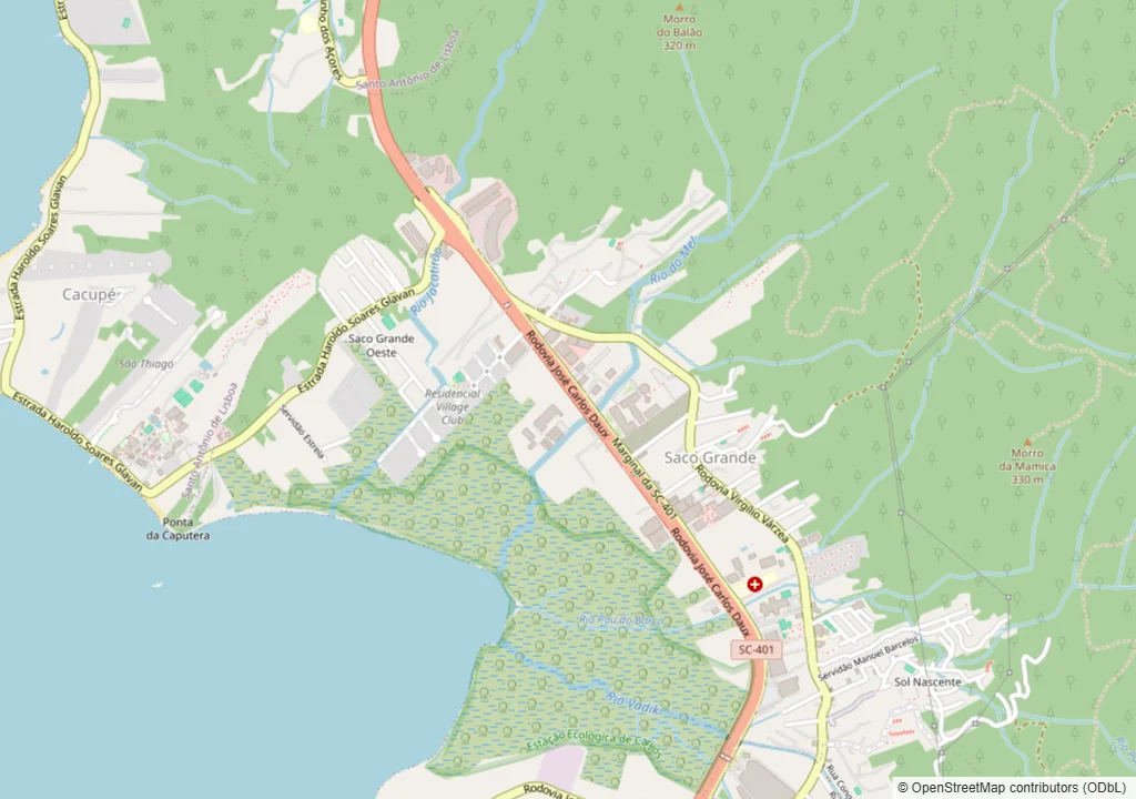 Mapa do Saco Grande, em Florianópolis, com o limite do bairro (o norte e o leste, no morro, ficam fora) e o trajeto da rota de coleta e entrega da Dedicada, que vem do Monte Verde pela Rodovia Virgílio Várzea, passa junto às empresas da SC-401 e segue pela Estrada Haroldo Soares Glavan, na direção de Cacupé