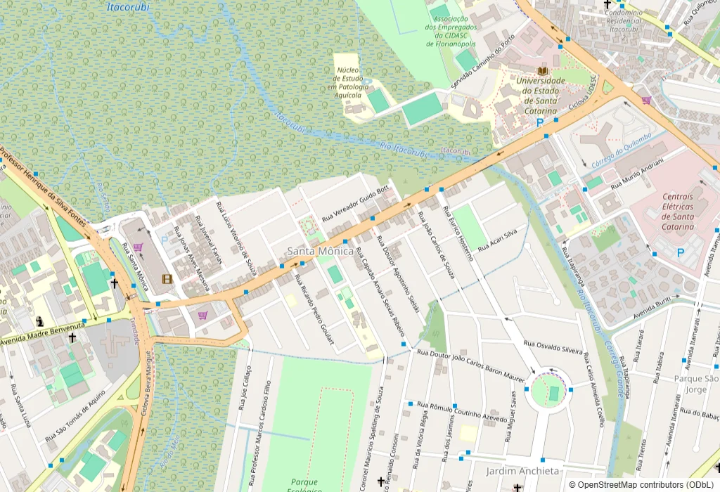 Mapa do Santa Mônica, em Florianópolis, com a área do bairro, a loja da Dedicada na Rua Dr. Agostinho Sielski, 44, junto à Avenida Madre Benvenuta, e o trajeto do carro da coleta pela avenida