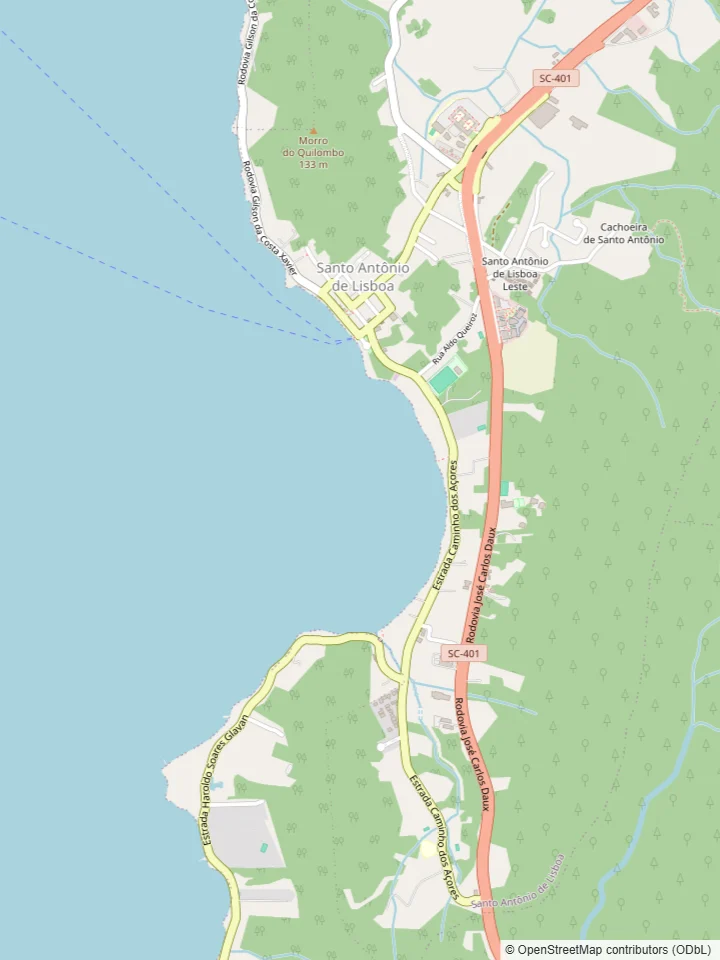 Mapa de Santo Antônio de Lisboa, em Florianópolis, com o limite do bairro (o norte e o leste, no morro, ficam fora) e o trajeto da rota de coleta e entrega da Dedicada, que chega de Cacupé pelo Caminho dos Açores, passa pelo centrinho, vai até o começo de Sambaqui pela Rodovia Gilson da Costa Xavier e sai pela Rua Padre Lourenço Rodrigues de Andrade