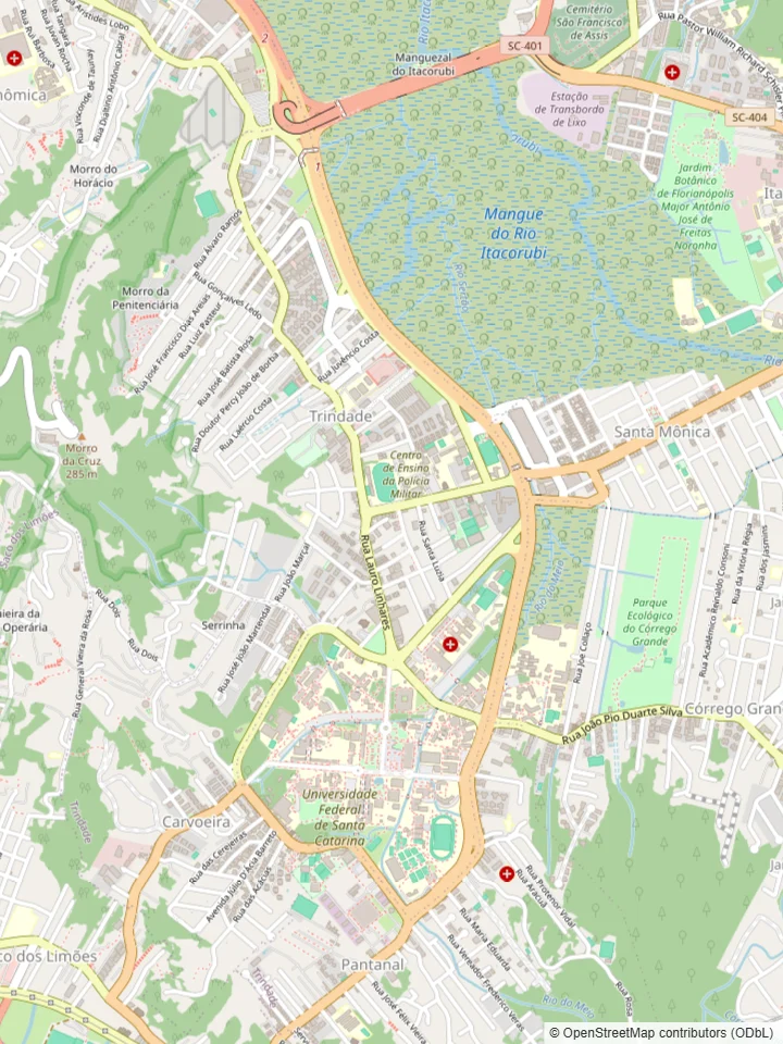 Mapa da Trindade, em Florianópolis, com a área atendida e o trajeto da rota de coleta e entrega da Dedicada, da loja do Santa Mônica à Rua Lauro Linhares, à UFSC e à Rua Desembargador Vítor Lima